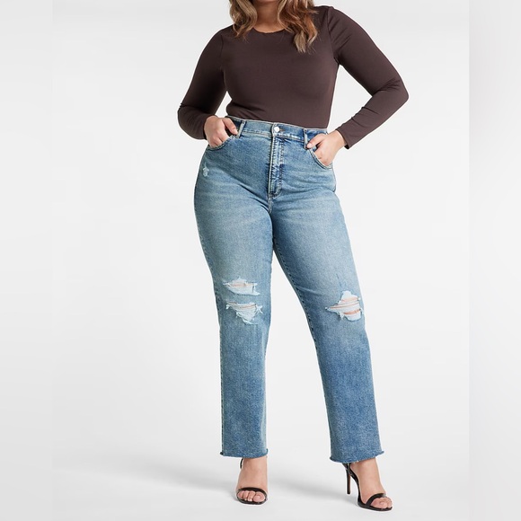 Express Modern Straight Super High Rise Size 16L Medium-Wash Jeans Distressed, D - Picture 1 of 8